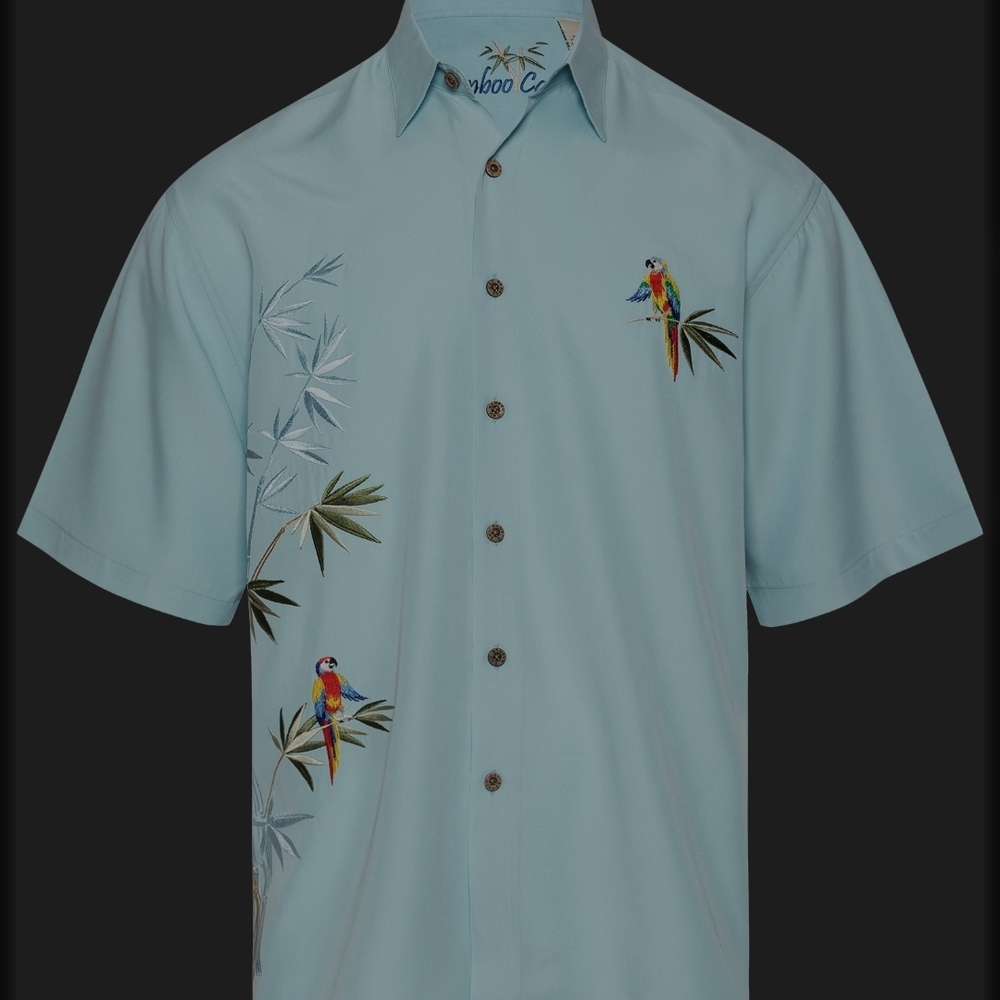 BAMBOO Cay Light Blue Parrot Embroidered Men's Shirt 3XL